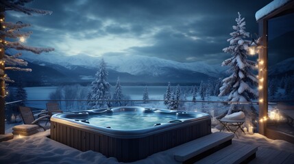 luxury hot tub on terrace in snowy winter landscape at night