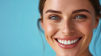 woman's teeth, dental, and face portrait shows her teeth whitening and taking care of her oral health. Dental implant, medical, and attractive model using cosmetics, makeup, and face skincare