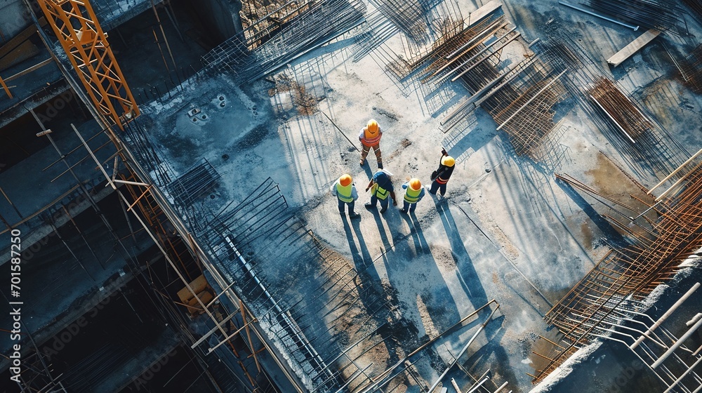 Poster top view of group of engineers, architects and contractors standing and discussing in building const