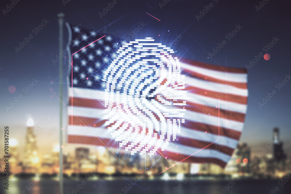 Leinwandbilder multi exposure of virtual fingerprint scan interface on us flag and city background, digital access 