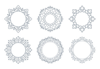 Fototapeta premium Set of decorative frames Elegant vector element for design in Eastern style, place for text. Floral gray and white borders. Lace illustration for invitations and greeting cards
