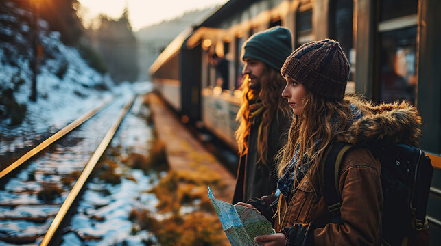 A couple of travelers with a map got lost at the train station. Travel and active lifestyle concepts