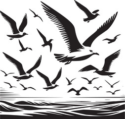 Seagull Silhouettes Over Water