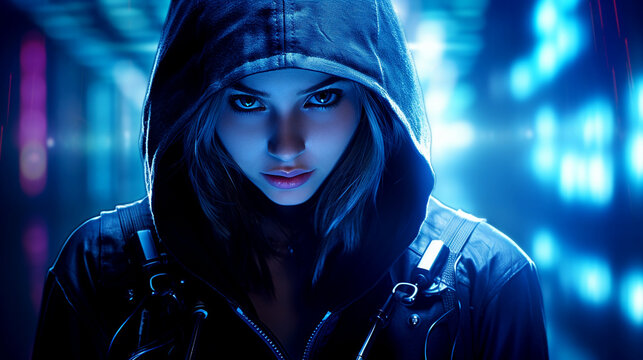 A captivating female assassin cloaked in mystery and beauty, donning a hood. A hired elite underground agent, she navigates the shadows with deadly precision and unparalleled skill.
