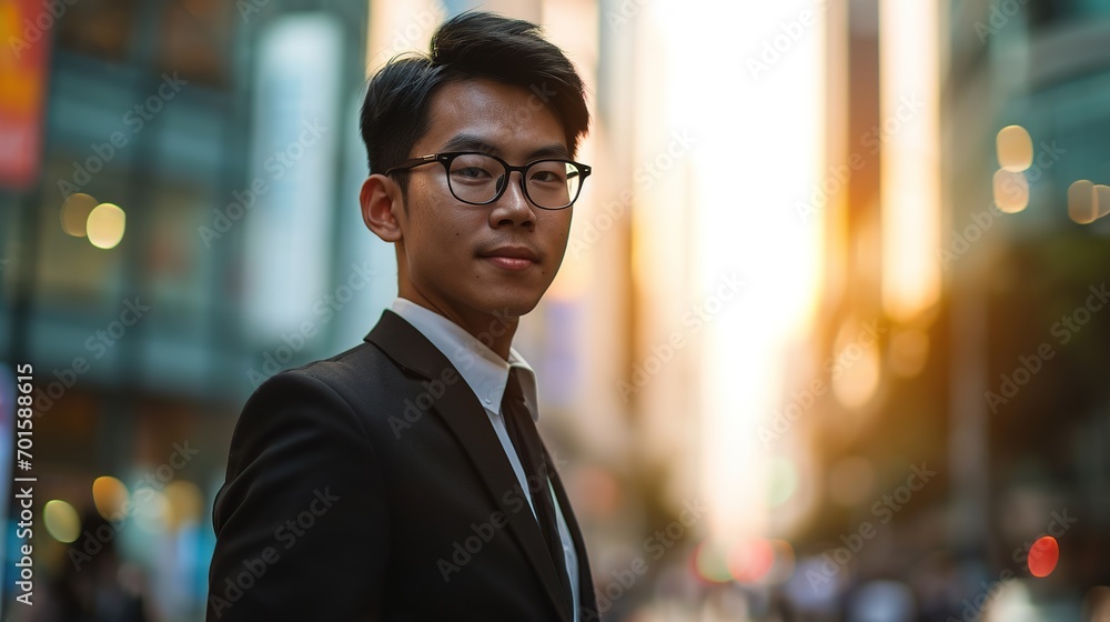 Poster Young asian businessman with glass building background