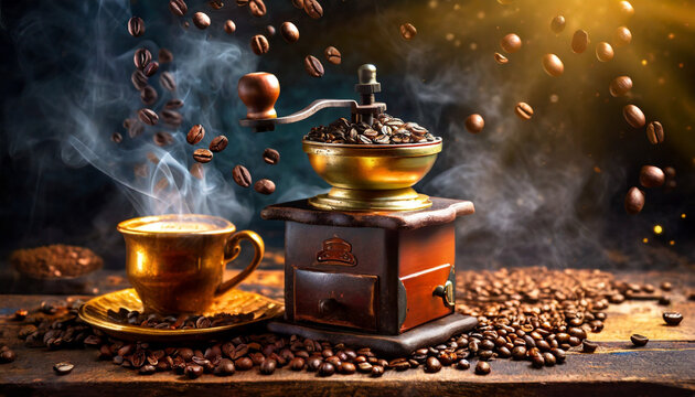 Kawa w stylowym starym młynku, klimatyczna dekoracja ze starym młynkiem i filiżanką kawy, generative ai