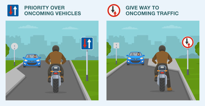Safe car driving tips and traffic regulation rules. Priority over oncoming vehicles and give way to oncoming traffic road sign. Back view of a motorcycle rider. Flat vector illustration template.