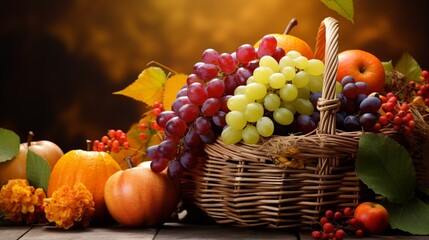 Thanksgiving Fruit basket with fresh leaves art agriculture background