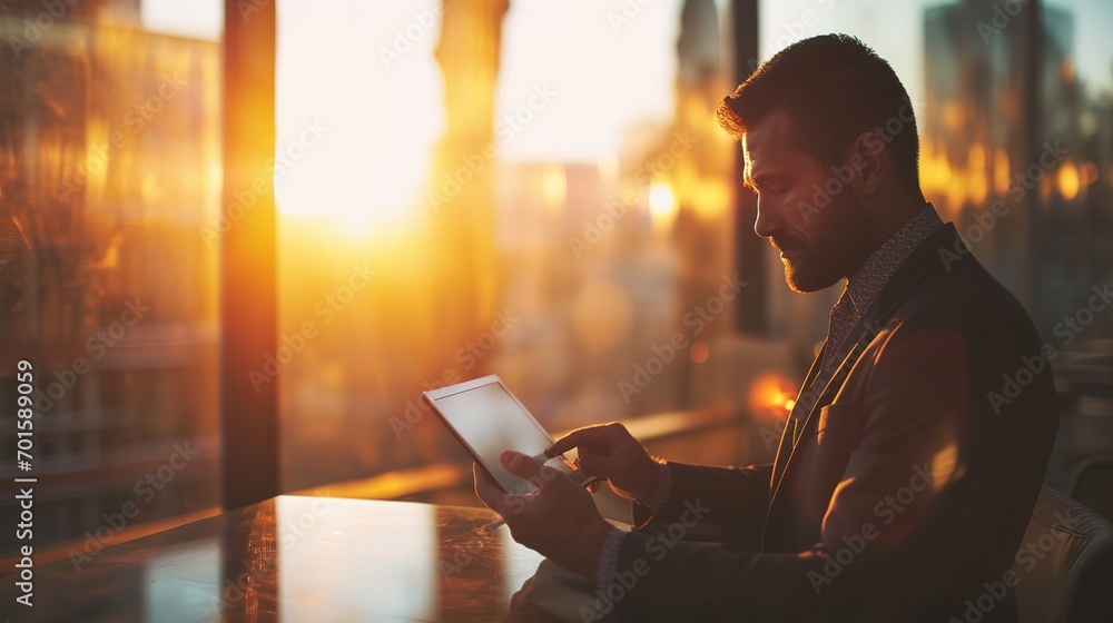 Canvas Prints Young modern business man working using digital tablet while sitting in the office, copy space. 