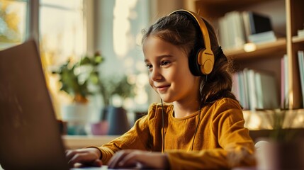 young girl student wear headphone watch webinar listen online course communicate by conference...