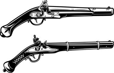 Illustration of old mushket gun isolated on white background. Design element for emblem, sign, poster, badge. Vector illustration - obrazy, fototapety, plakaty