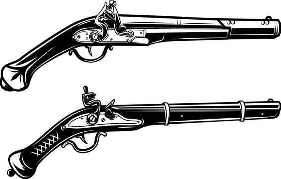 Illustration of old mushket gun isolated on white background. Design element for emblem, sign, poster, badge. Vector illustration