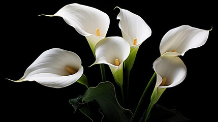 White calla lily flowers on black background, lily flower card