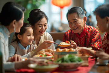 Chinese new year eve multigenerational family dinner party, family gathering celebrate Chinese new year. - obrazy, fototapety, plakaty