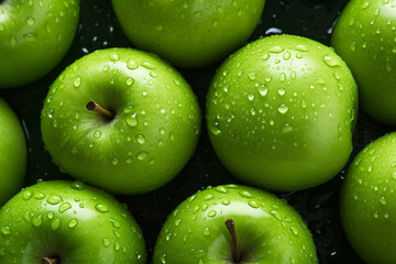 Fresh and tasty green apples with water droplets, close up shot, healthy food and seasonal organic fruit concept.