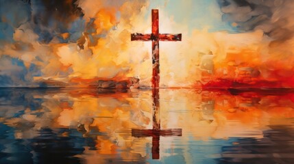 Fototapeta na wymiar Painting of the Cross in Golden Lights