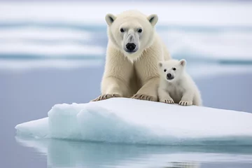 Fotobehang Polar bears mother and cub standing on melting ice floe, endangered species and global warming concept. © Sunday Cat Studio