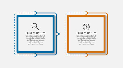 business infographic design 2 parts or steps, there are icons, text and numbers, colorful square design with interconnected color lines, for diagrams, banners and your business workflow