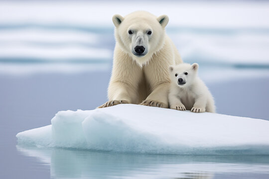 Polar bears mother and cub standing on melting ice floe, endangered species and global warming concept.