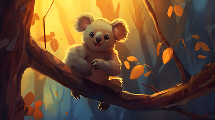 A koala is eating by hanging from a tree. Generative AI.