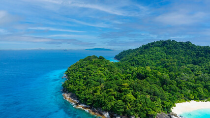 Fototapeta na wymiar The aerial view with tropical seashore island in turquoise sea Amazing nature landscape