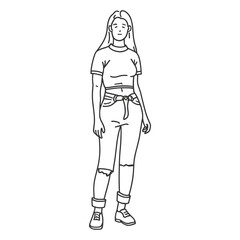Continuous line drawings of a young woman's stand fashion pose . Single line draw design vector graphic