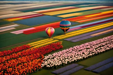 air balloon drifting above a patchwork of colorful tulip fields in full bloom, with a clear blue sky and distant windmills adding to the idyllic scene