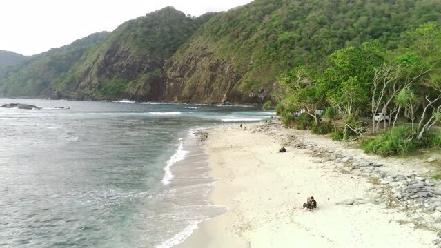 Drone shot on Papuma Beach, Jember, Indonesia with thick vegetations, towering cliff and ocean waves.