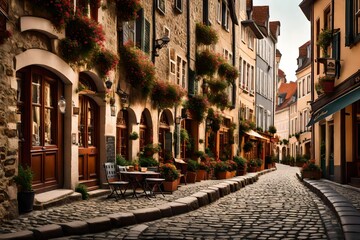 Fototapeta premium close-up of a charming cobblestone street in an old town, lined with quaint cafes and historic architecture, evoking a sense of wanderlust