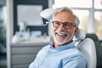 A smiling senior man in a dental chair. Examination by a dentist.