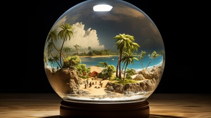 Inside the glass globe a picturesque beach scene