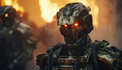 skeleton Robots with advanced heat-resistant armor, moving close to fire lines to tackle intense flames that are hazardous for human firefighters