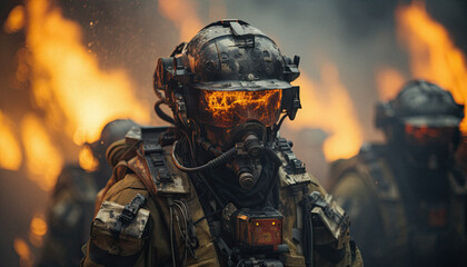 skeleton Robots with advanced heat-resistant armor, moving close to fire lines to tackle intense flames that are hazardous for human firefighters