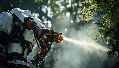 firefighting Robot spraying water on a tree on fire in the forest.