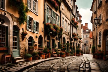 close-up of a charming cobblestone street in an old town, lined with quaint cafes and historic architecture, evoking a sense of wanderlust