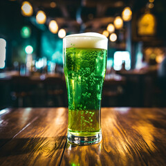 Green beer on a wooden table in a bar 