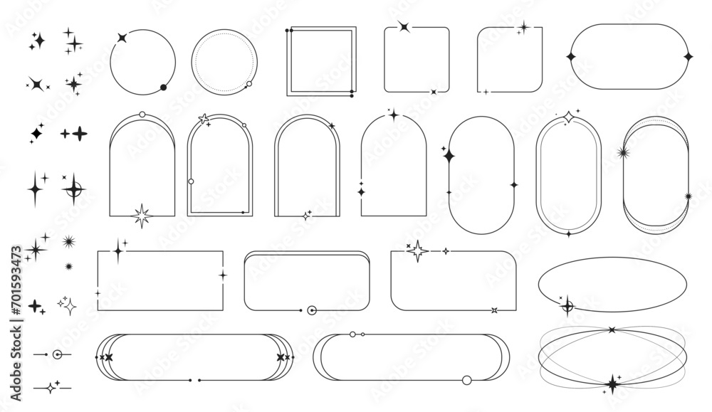 Poster minimal line frames with star sparkles and twinkles, linear borders and arch shapes, vector icons. a