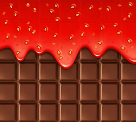 Realistic melt strawberry jam on chocolate bar background. Sweet dessert with natural berry jam 3d vector backdrop or wallpaper. Liquid strawberry glaze or syrup flowing down on chocolate bar