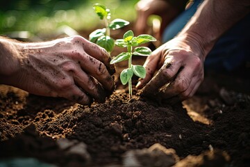 Hands covered in soil tenderly support a young green plant