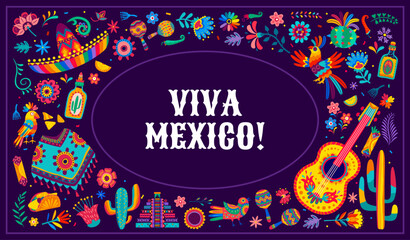 Viva Mexico banner with alebrije traditional festive items. Vector background with sombrero, birds, tropical flowers and guitar. Maracas, cacti, tequila, pyramid and tex mex food, taco or nachos