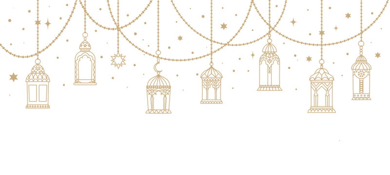 Ramadan karem arabian lantern and lamps border. Mosque old lantern underline, Middle East ancient gas lamp or Turkish antique kerosene hanging on chains lights vector divider, border or spacer