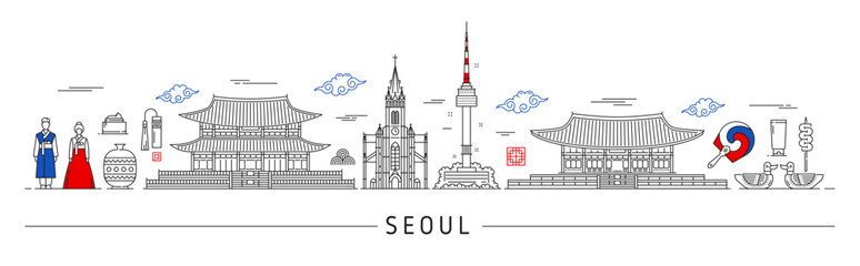 Seoul silhouette, Korean travel landmarks and city skyline in vector line. South Korea travel and Seoul panorama buildings, architecture cityscape, people in traditional costumes and Korean landmarks - obrazy, fototapety, plakaty