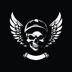 Skull with wings and helmet. Vector illustration on black background.
