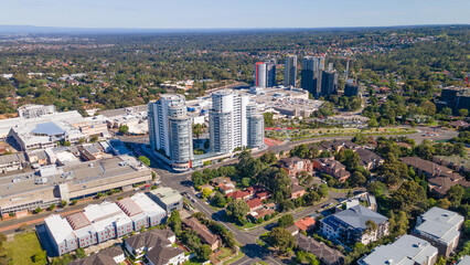 Aerial drone view of Castle Hill cbd in Sydney, NSW Australia on a sunny day in December 2023     