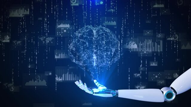 Digital HUD Robot Hand AI brain Artificial Intelligence Technology engineering web background. Virtual age innovate mind, innovation, Cyber robot learning big data, analysis Face cyber mind. 4K 3D