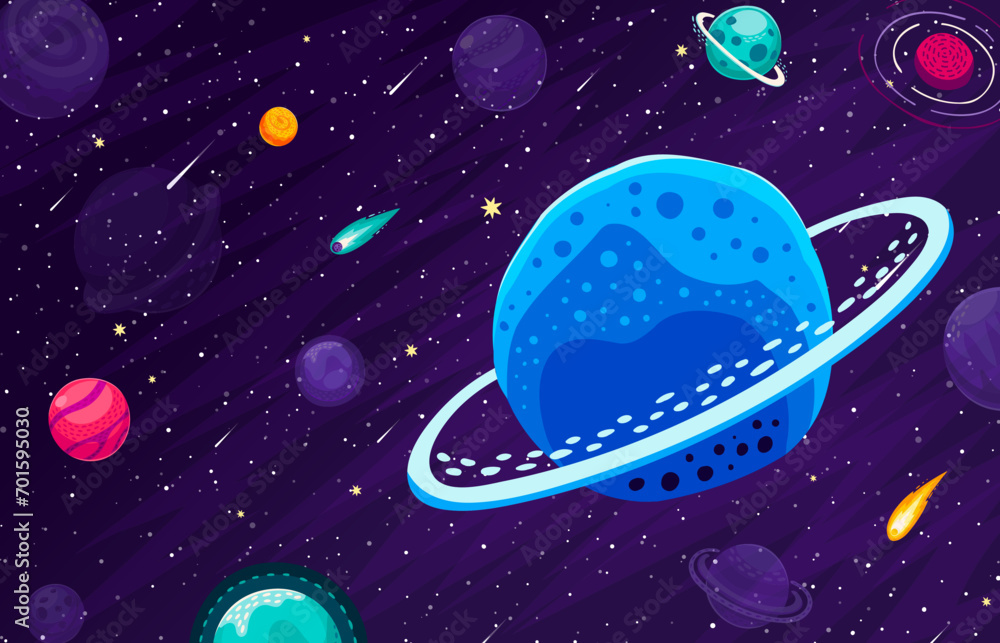 Poster galaxy space landscape with planets, stars and comets. vector background with cartoon fantasy space,