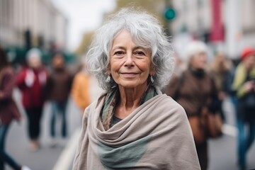 Portrait of an elderly woman with grey hair on a city street