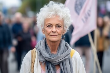 Portrait of an elderly woman with a placard on the street