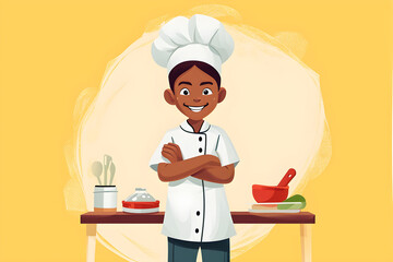 Flat vector illustration, little chef child african american in uniform standing with arms crossed and smiling on yellow isolated background , White background

