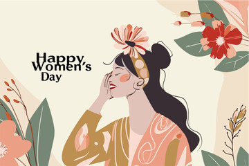 Happy Women's day greeting background, party flyer  or poster, vector illustration, flat color style